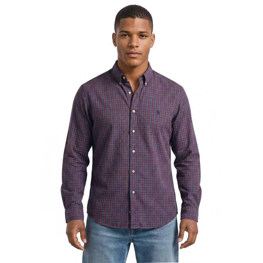 Ralph Lauren Shirt‎ Men's Size Large Burgundy Blue Plaid Button Down Shirt
